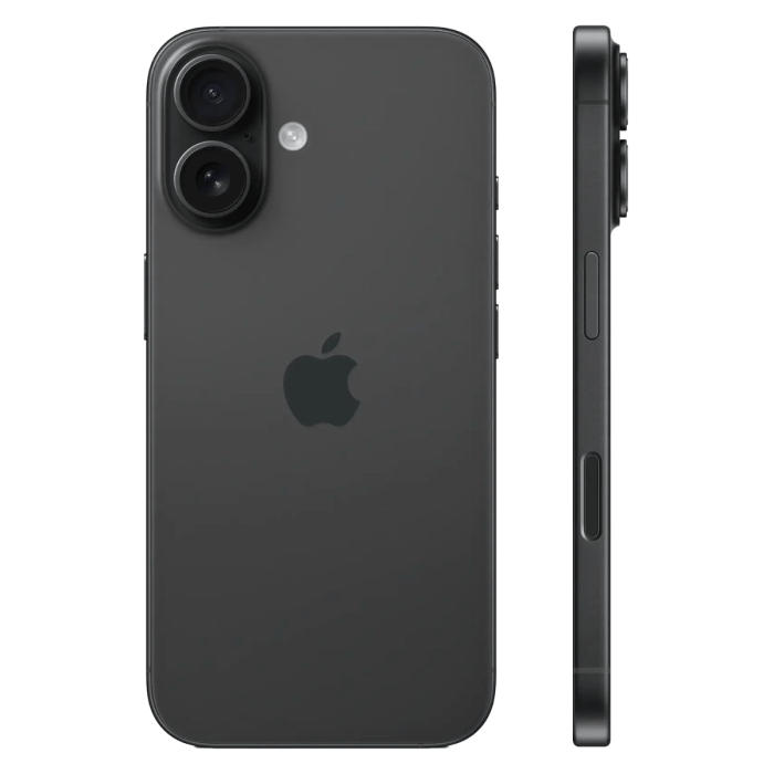 iPhone 16 zwart, achterkant met dubbele camera en zijkant                            