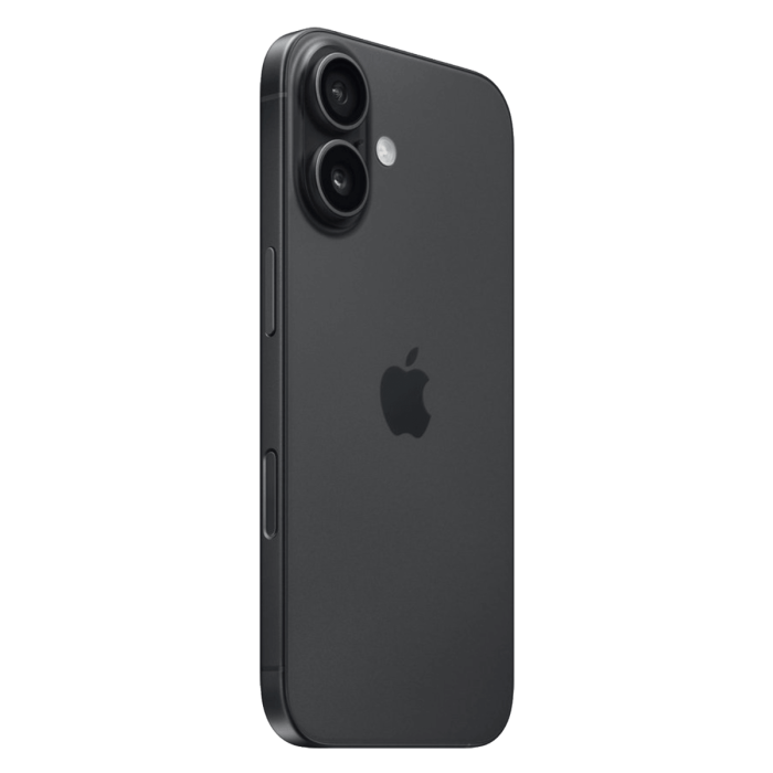 iPhone 16 zwart, schuin aanzicht van de achterkant                            