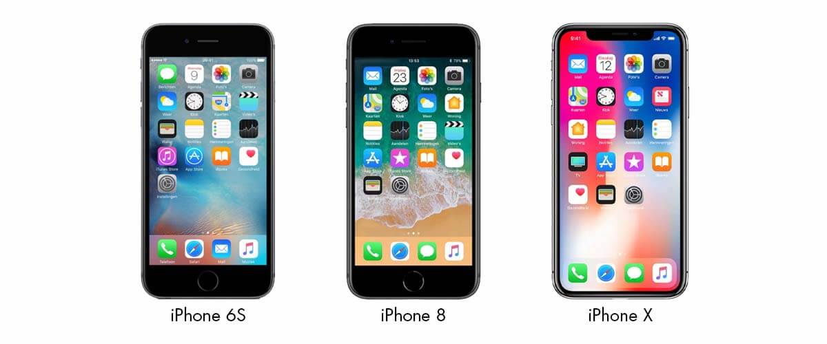 Voorkant iPhone 6S, iPhone 8 en iPhone X